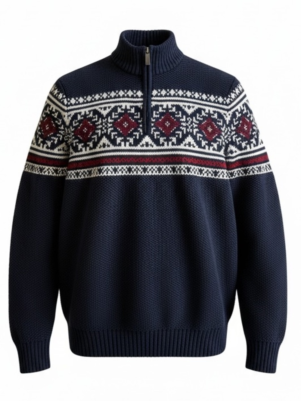 Izod Navy Fair Isle Half-Zip Sweater with White and Burgundy Accents